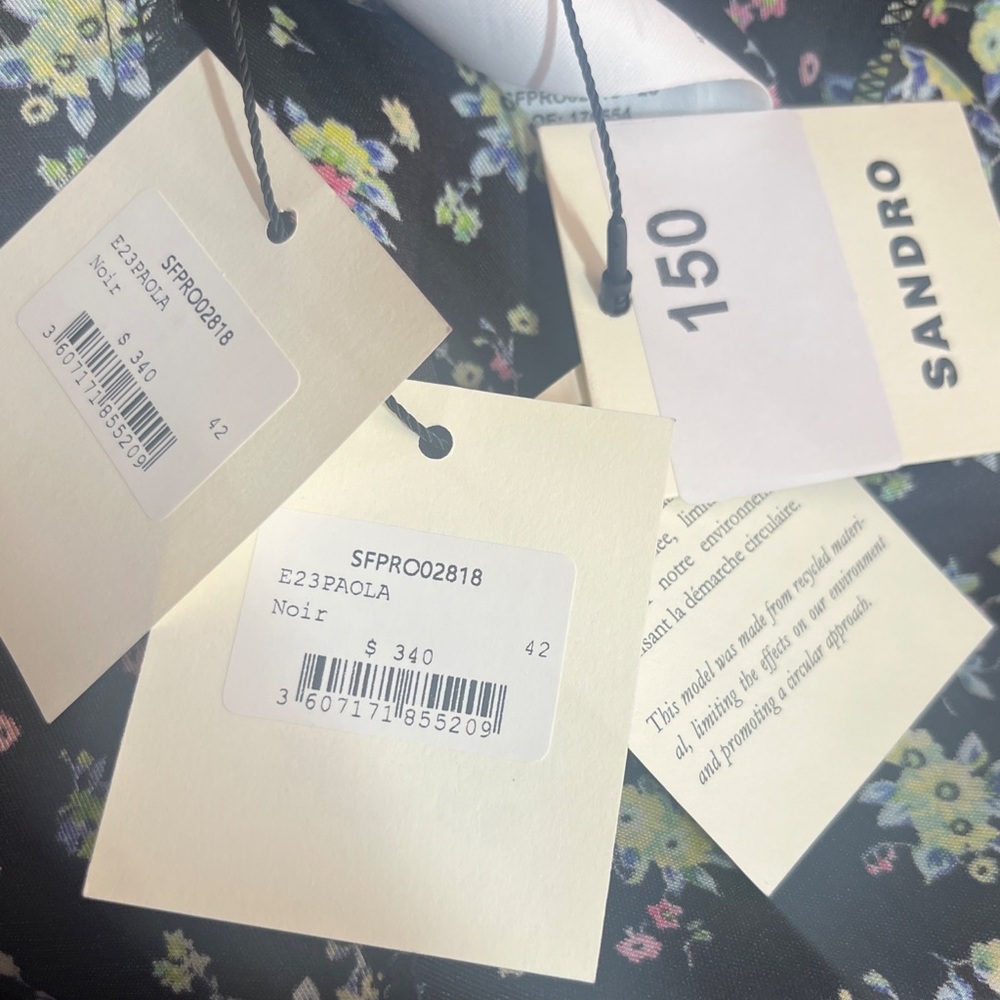 Sandro NWT Paola Dress, Black with Floral Pattern and Ruching Size 10 - Picture 12 of 16